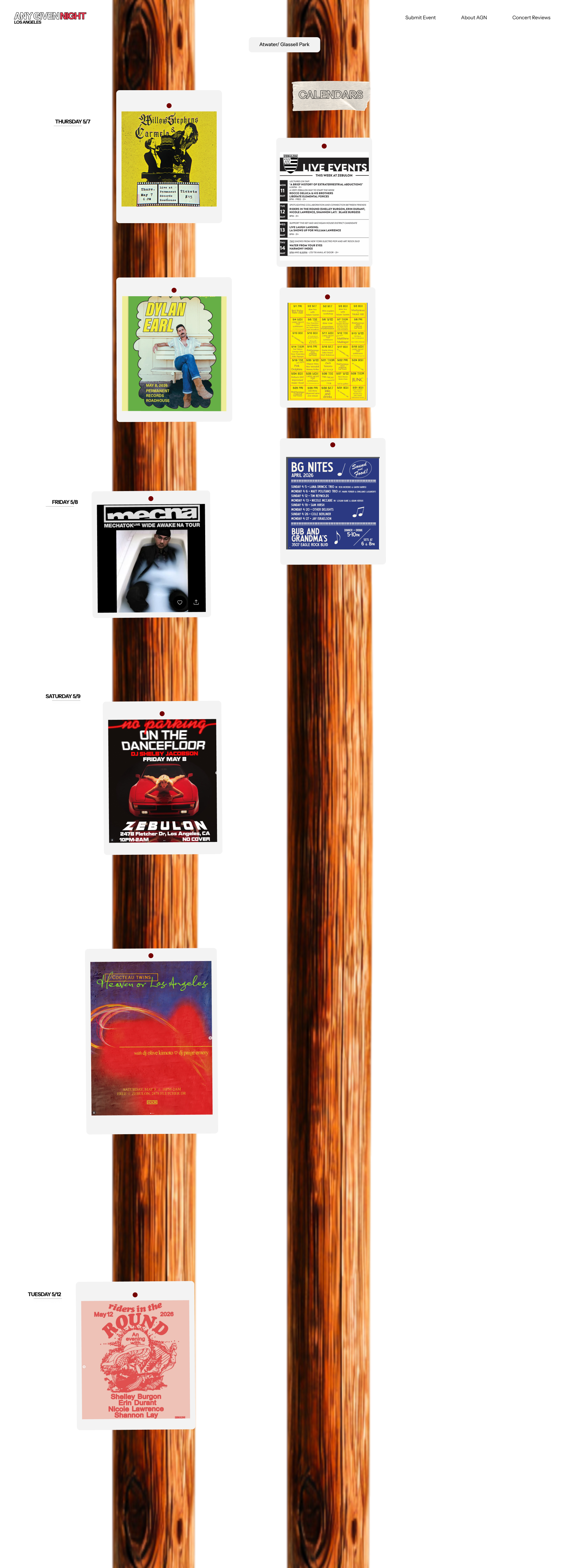Full-length Atwater and Glassell Park page: show posters pinned with pushpins down two wooden telephone poles, dates labelled down the left, venue calendars on the right pole