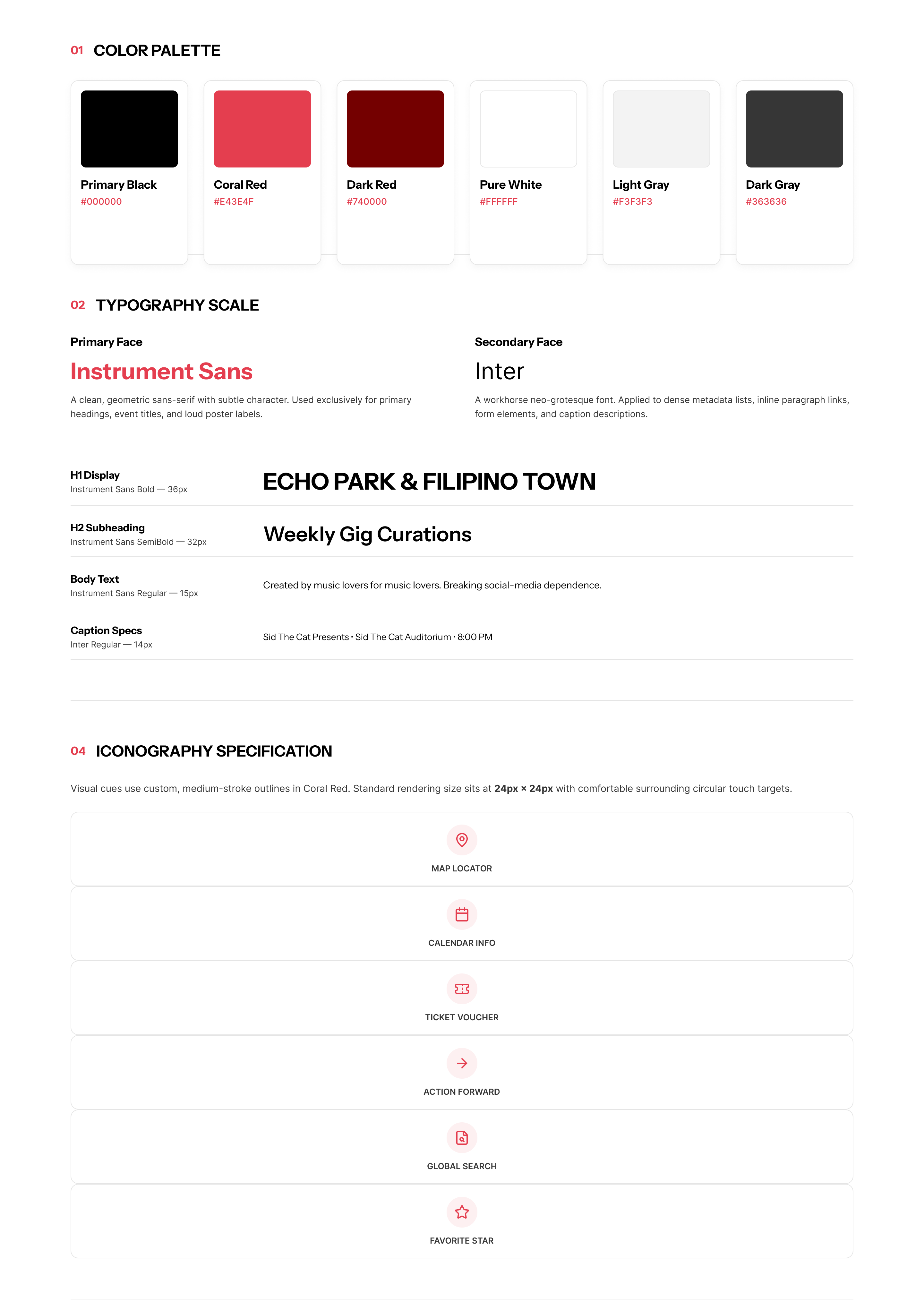 Any Given Night brand guidelines: a six-swatch color palette led by Primary Black and Coral Red, a type scale pairing Instrument Sans with Inter across display, subheading, body, and caption sizes, and an iconography spec of six coral outline icons at 24 by 24 pixels