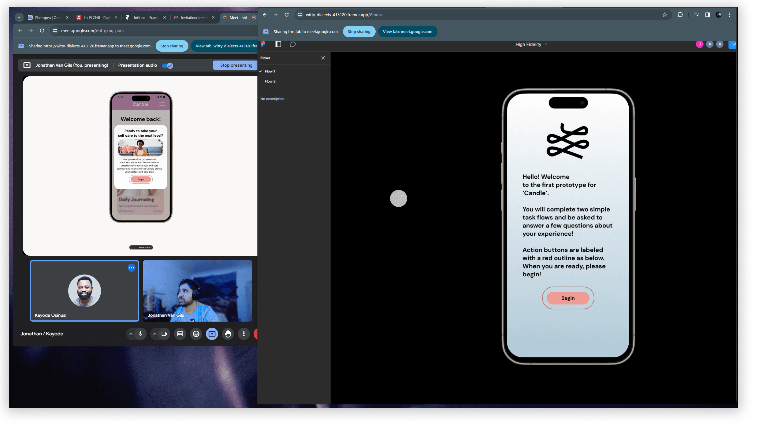 Candle user testing session, screen 1