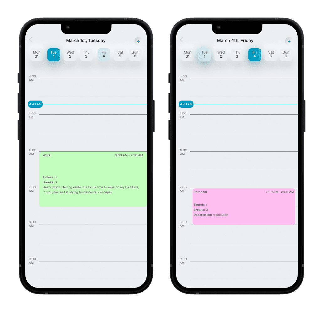 Nucleus calendar screen, high fidelity